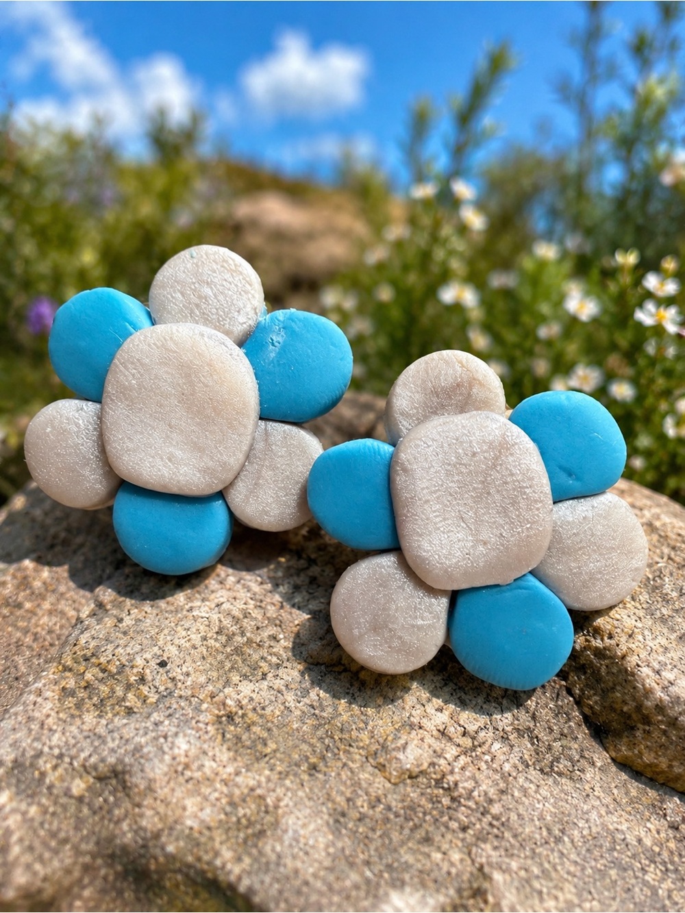 Blue and Pearl Flower Handmade Polymer Clay Earrings